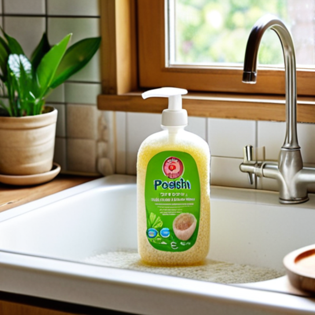 **

A bright, inviting kitchen scene. Focus on a person washing dishes with plant-based dish soap in a recycled bottle. Show a luffa sponge and a wooden brush next to the sink. Emphasize natural light and a sense of eco-friendliness. Polish kitchen aesthetic.

**