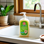 **

A bright, inviting kitchen scene. Focus on a person washing dishes with plant-based dish soap in a recycled bottle. Show a luffa sponge and a wooden brush next to the sink. Emphasize natural light and a sense of eco-friendliness. Polish kitchen aesthetic.

**