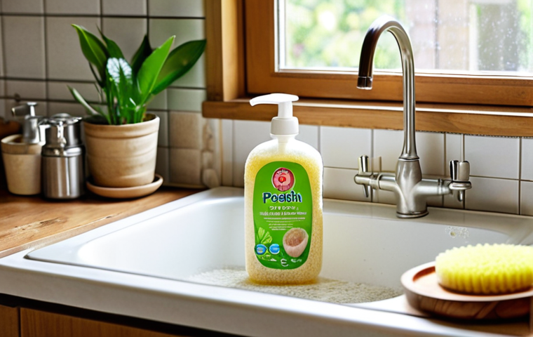 **
A bright, inviting kitchen scene. Focus on a person washing dishes with plant-based dish soap in a recycled bottle. Show a luffa sponge and a wooden brush next to the sink. Emphasize natural light and a sense of eco-friendliness. Polish kitchen aesthetic.
**